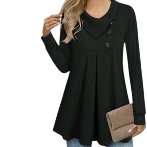 TIMESON Dark Gray Long Sleeve Button Lapel Pullover Longline Swing Top Lagenlook